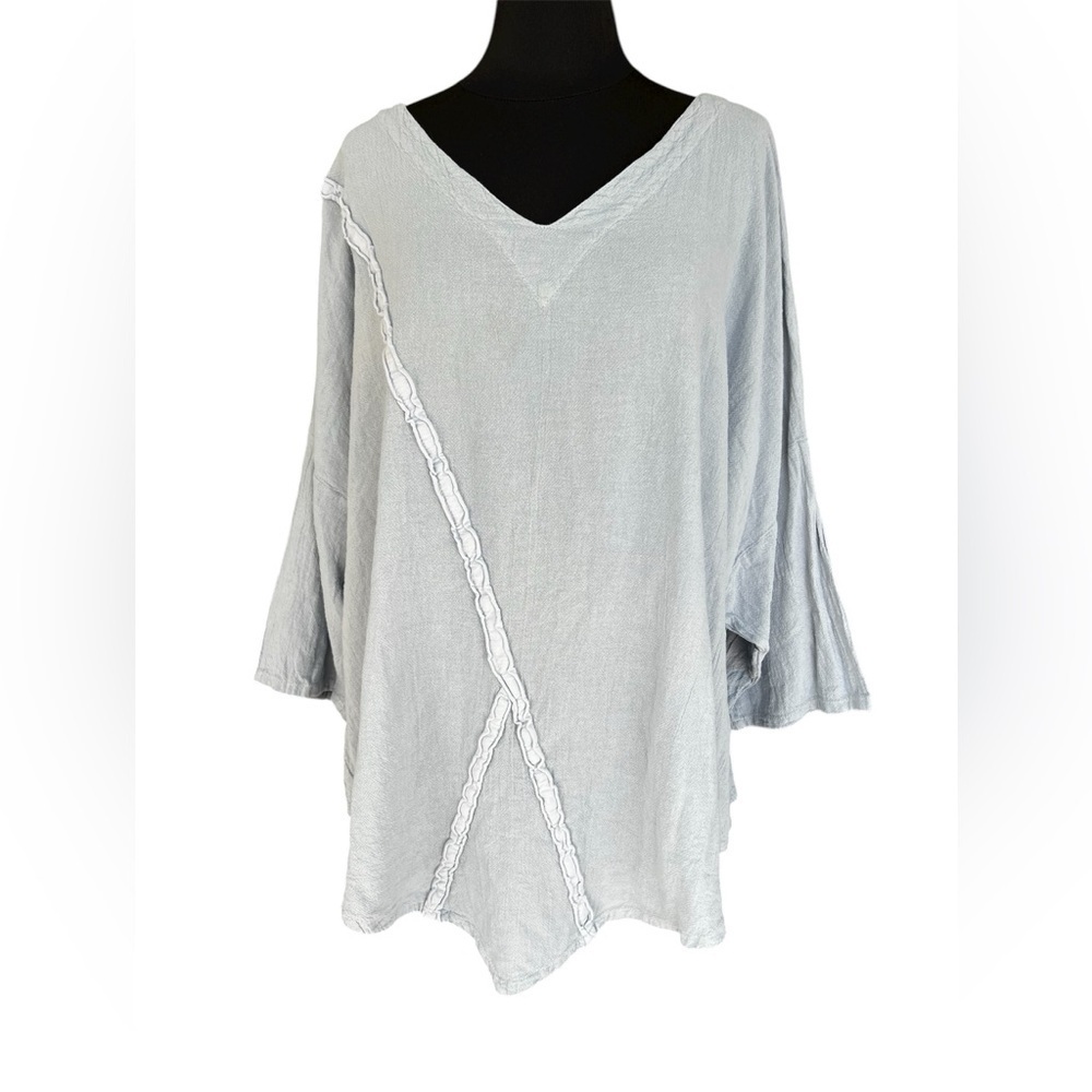 Oh My Gauze! Cotton ruffle tunic top Size 2 L/XL Light Blue Gray Casual Coastal